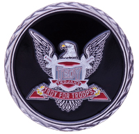 Front of the Troy for Troops coin featuring an eagle holding up the TROY Sheild