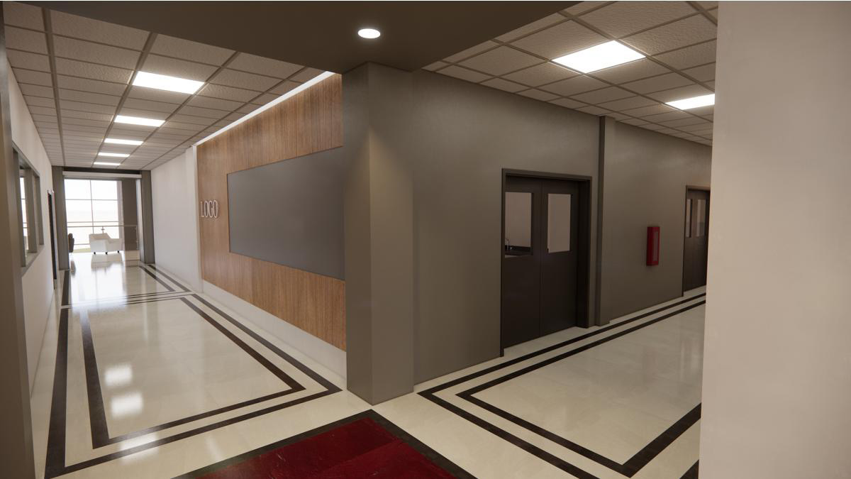 Center for Materials and Manufacturing Sciences rendering of the hallway display board from corner..