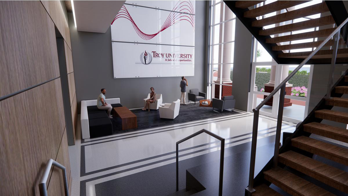 Center for Materials and Manufacturing Sciences rendering of the west lobby from staircase.