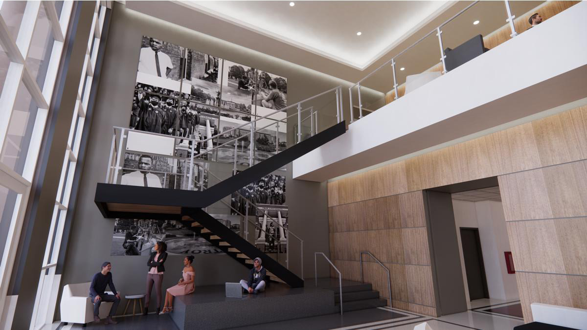 Center for Materials and Manufacturing Sciences rendering of the west lobby of staircase.