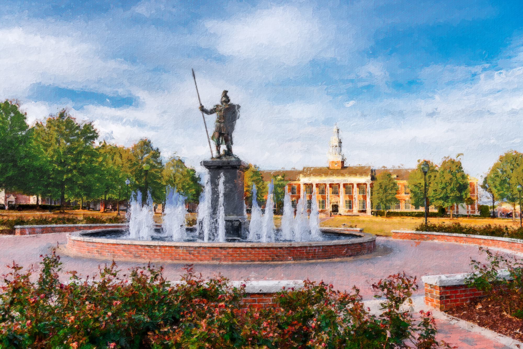 Watercolor painting of the main quad on Troy University's campus in Troy, AL.