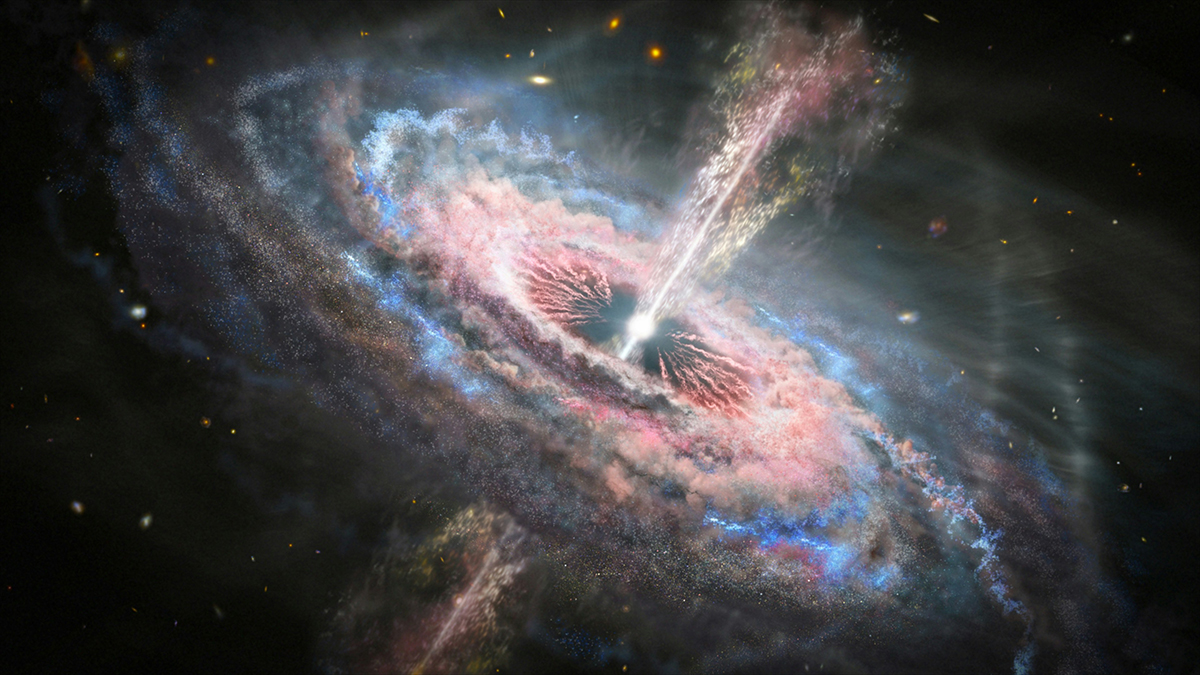 an image of an artist's concept of a distant galaxy with an active quasar at its center
