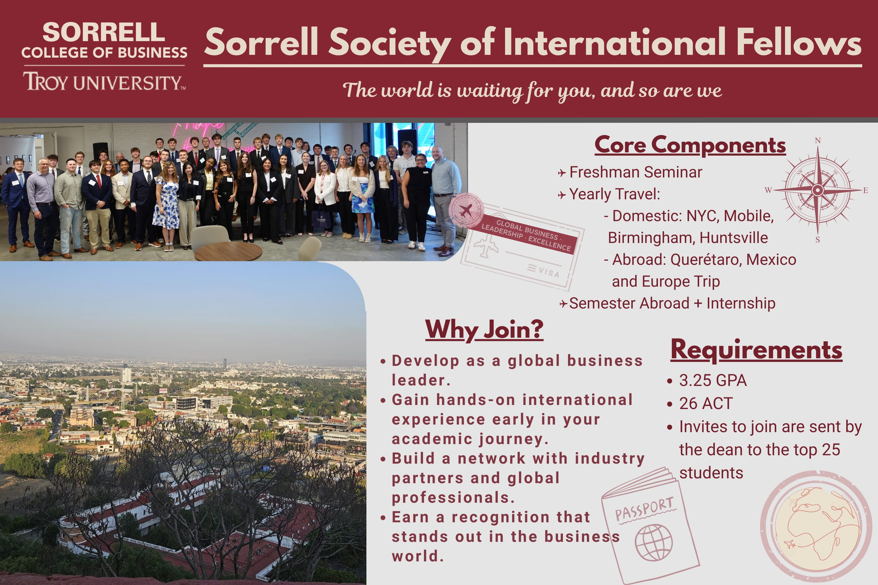 Sorrell Society of International Fellows descriptive poster, includes photo of a group of students. 