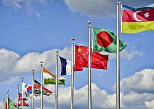 International flags flying on the Troy Unversity Campus in Troy, Alabama