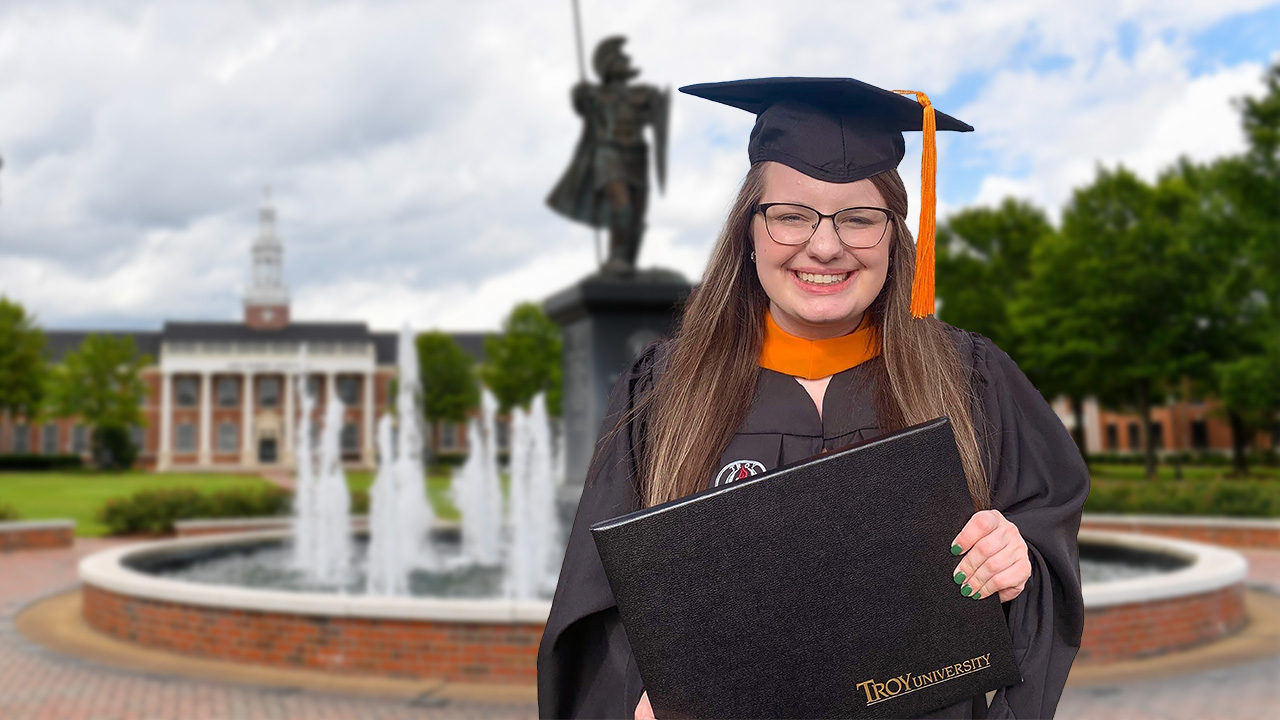 Master of Social Work graduate Chelsie Trucks on the academic quad on the Troy, Alabama campus