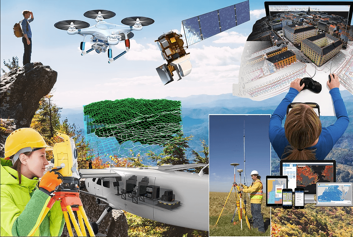 Young man with backpack on a cliff looking out across the valley below in which the following images are overlaid in the sky and the tree line Quadcopter drone Landsat 8 Satellite Female photogrammetrist using stereo glasses to look at map of an urban environment Female surveyor in hard hat looking through a total station 3D topographic map Xray view of aircraft operating an airborne scanner Male using GPS land surveying equipment, including a base station Collection of GIS maps on computers, tablets and phones