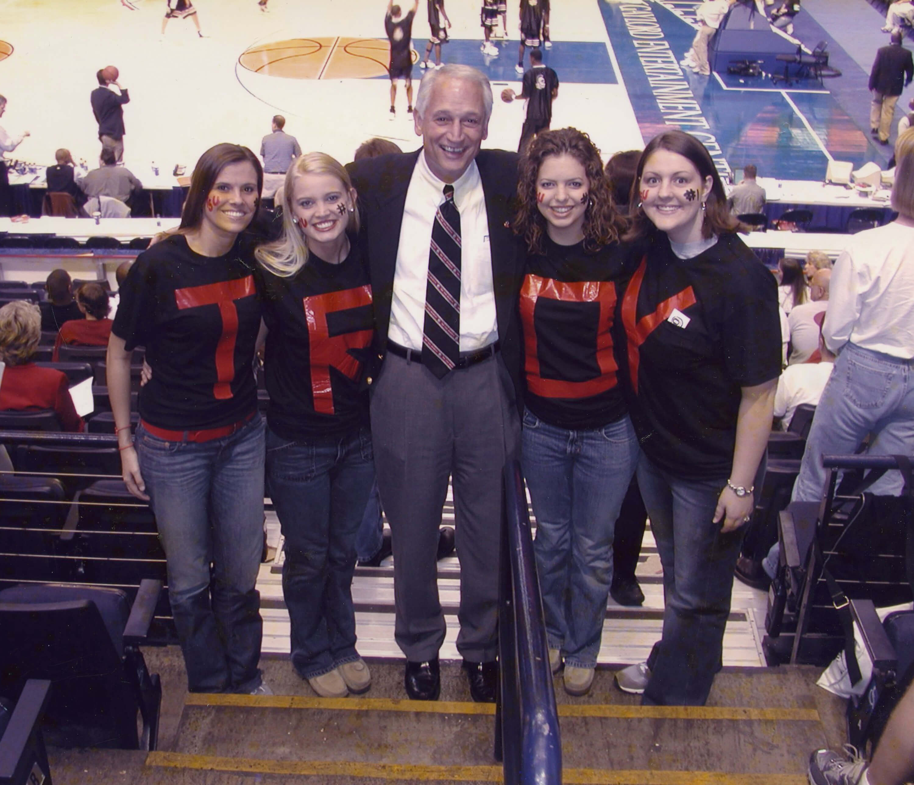 Chancellor Hawkins with Troy State students prior to the Trojan’s first Division I NCAA Tournament.