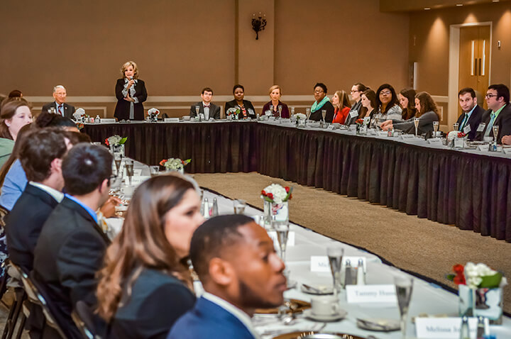 TROY First Lady Janice Hawkins hosts an etiquette luncheon to help prepare students in TROY’s leadership classes for professional and social settings.