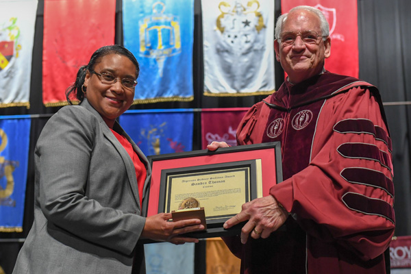 Algernon Sydney Sullivan Non Student Recipient - Sandra Thomas, pictured with Dr. Jack Hawkins, Jr.