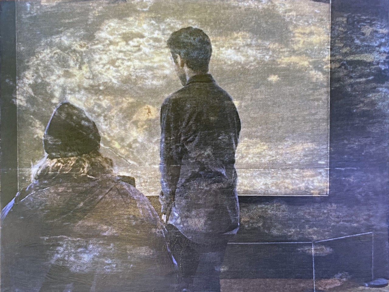 Encaustic painting of two people viewing a projected image. 