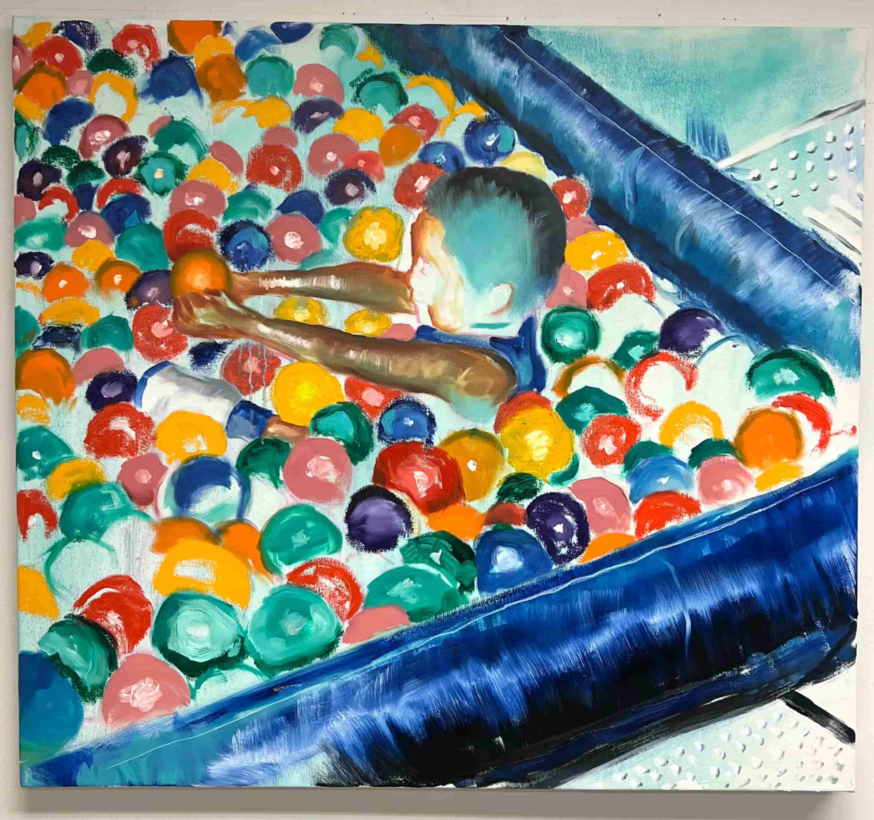 Painting of small boy in a colorful ball pit