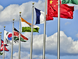 Flags from different countries on the Troy, AL campus