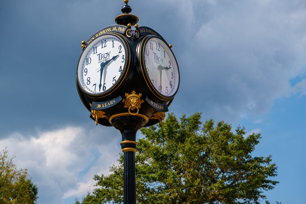 The clock located in front of Smith Hall on the Troy campus honors Dr. Hawkins' 30 years of service as the University's chancellor.