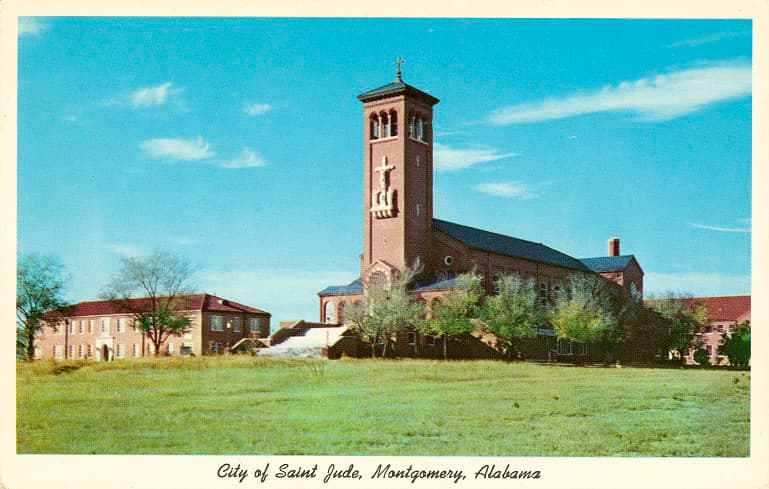 Color photograph of the City of Saint Jude church and buildings in Montgomery, Alabama.