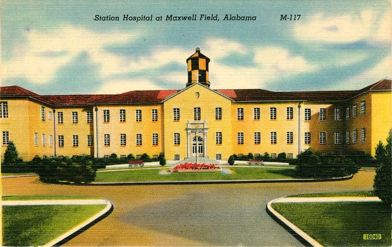 Color print of the three-story Station Hospital at Maxwell Field in Montgomery, Alabama.