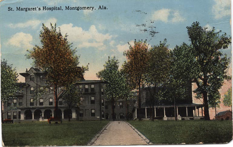 Color print of the multi-story St. Margaret's Hospital in Montgomery, Alabama. Postmarked May 7, 1918.