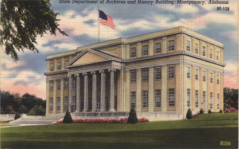 Color print of the multi-story State Department of Archives and History Building in Montgomery, Alabama.