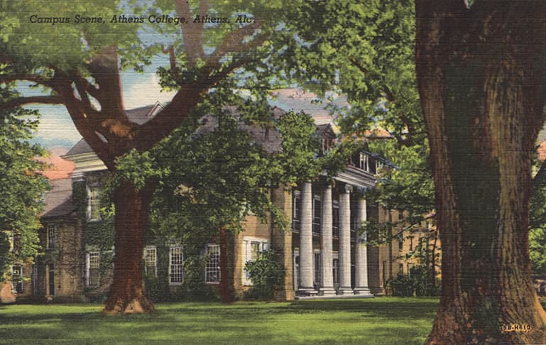 Color print of Founders Hall on the campus of Athens College.