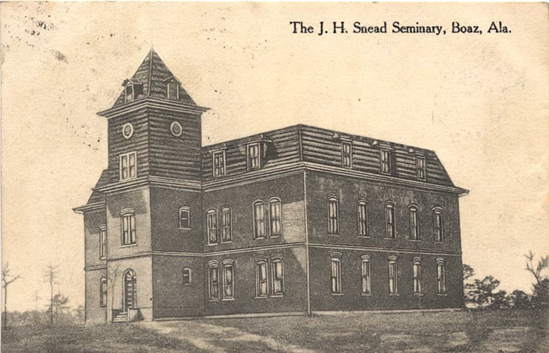 Black and White print of the three-story Snead Seminary in Boaz, Alabama. Postmarked November 20,1910.