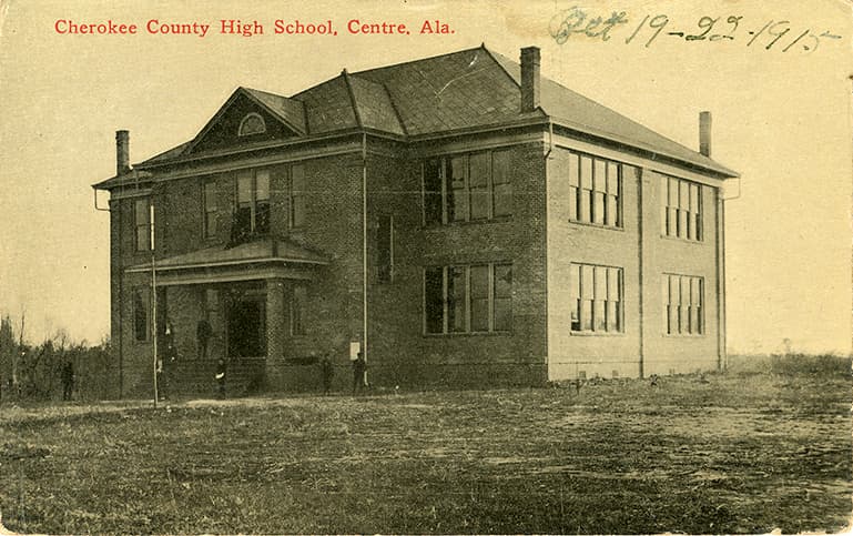 Black and white photograph of the two-story Cherokee County High School in Centre, Alabama.