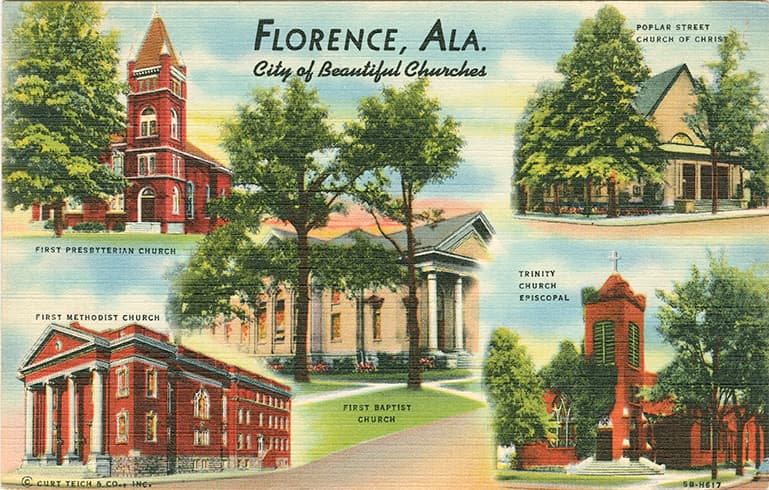 Color print of five church buildings in Florence, Alabama. Postmarked January 31, 1952.