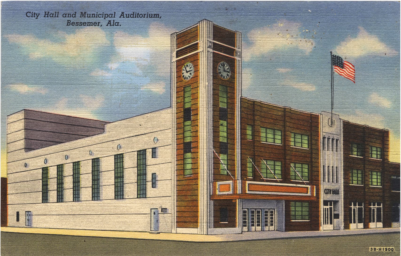 Color print of the multi-story City Hall and Municipal Auditorium in Bessemer, Alabama. Postmarked November 16, 1948.