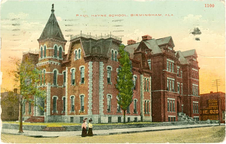 Color print of the multi-story Paul Hayne School in Birmingham, Alabama. Postmarked January 17, 1916.