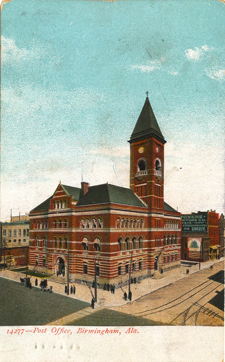 Color print of the multi-story post office in Birmingham, Alabama. Postmarked July 4, 1910.