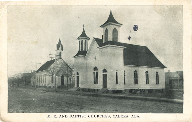 Black and white photograph of two adjacent churches in Calera, Alabama.