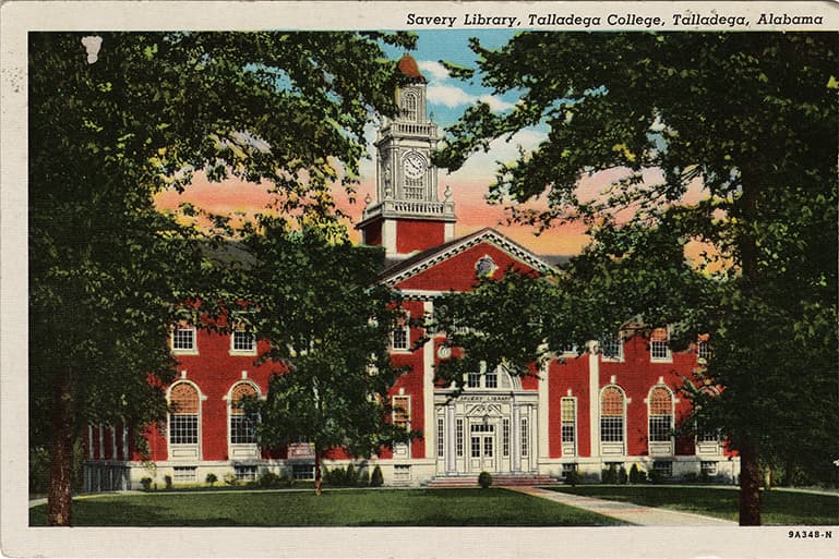 Color print of the two-story Savery Library on the campus of Talladega College.