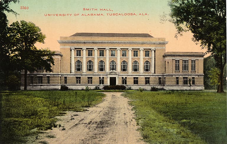 Color photograph of the multi-story Smith Hall on the University of Alabama campus in Tuscaloosa, Alabama.