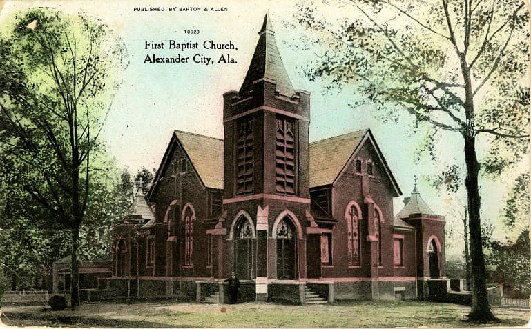 Color print of the First Baptist Church in Alexander City, Alabama. Postmarked December 28, 1909.