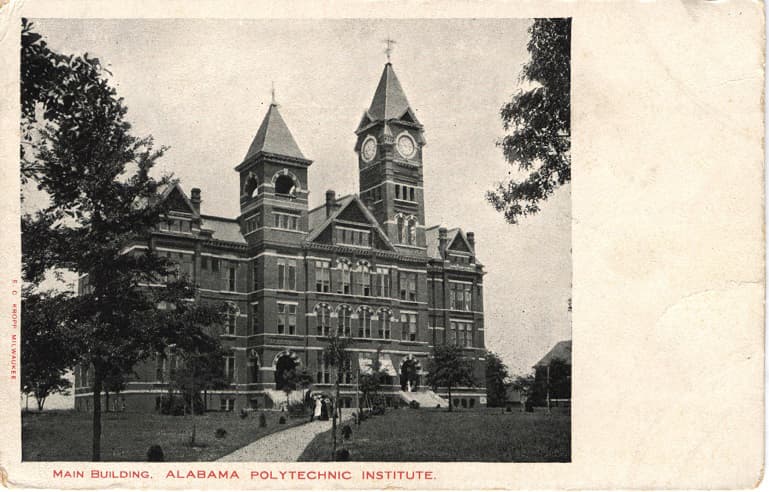 Black and white photograph of Samford Hall on the campus of Auburn University.