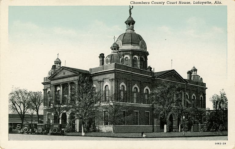 Black and white photograph of the two-story Chambers County Courthouse in LaFayette, Alabama.