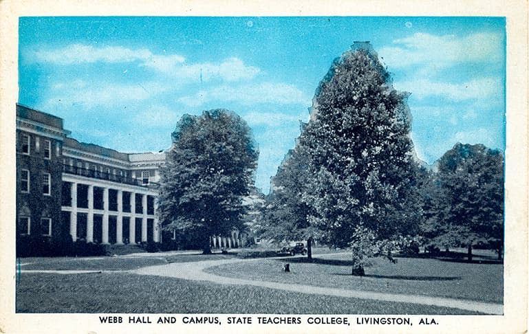 Mostly black and white photograph of Webb Hall on the campus of State Teachers College at Livingston, Alabama.