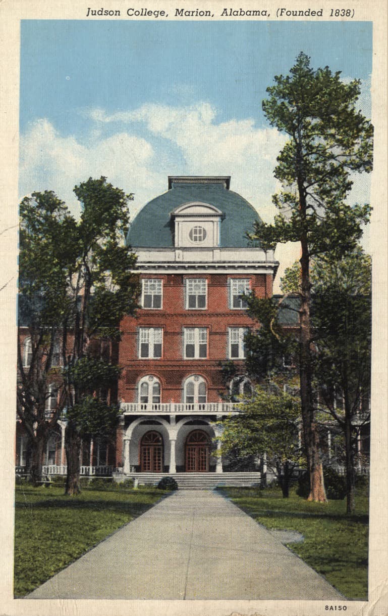 Color photograph of Jewett Hall on the campus of Judson College in Marion, Alabama. Postmarked October 28, 1938.