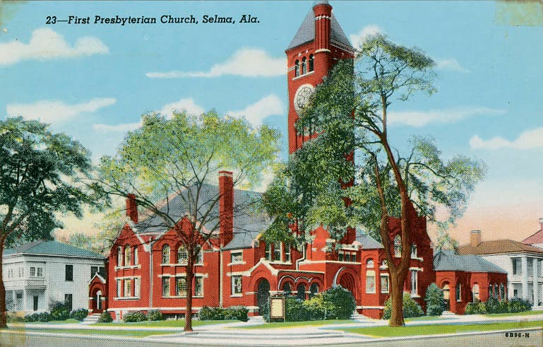 Color print of the First Presbyterian Church in Selma, Alabama.