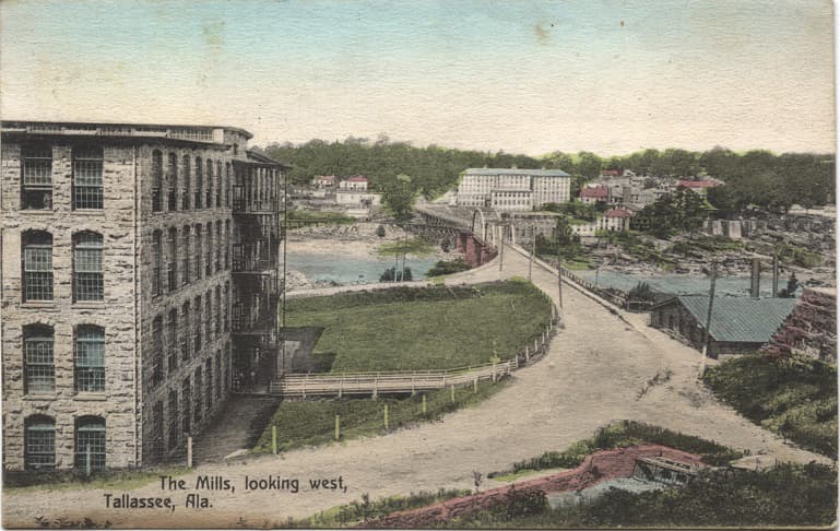 Color print of the Tallassee, Alabama textile mills and surrounding buildings. Postmarked September 2, 1908.