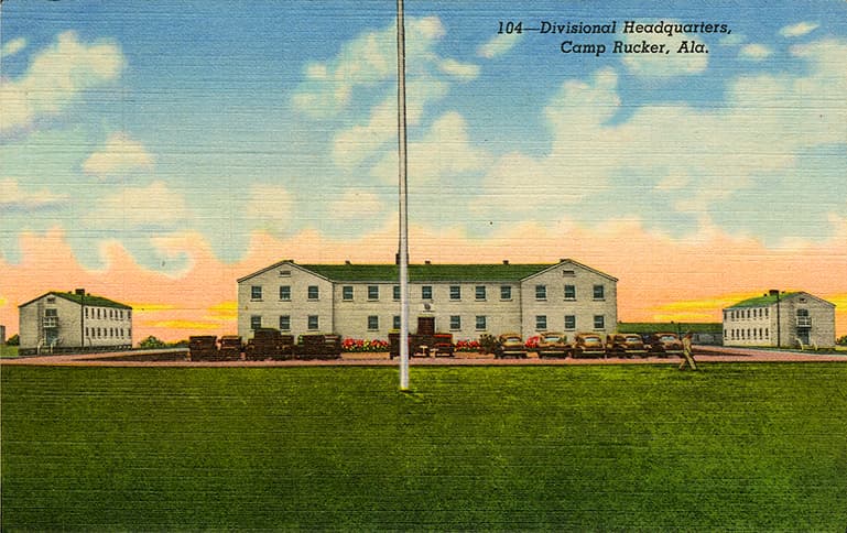 Color print of the Divisional Headquarters and other buildings at Fort Rucker, Alabama.