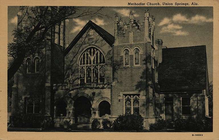 Black and white photograph of the Methodist Church in Union Springs, Alabama.