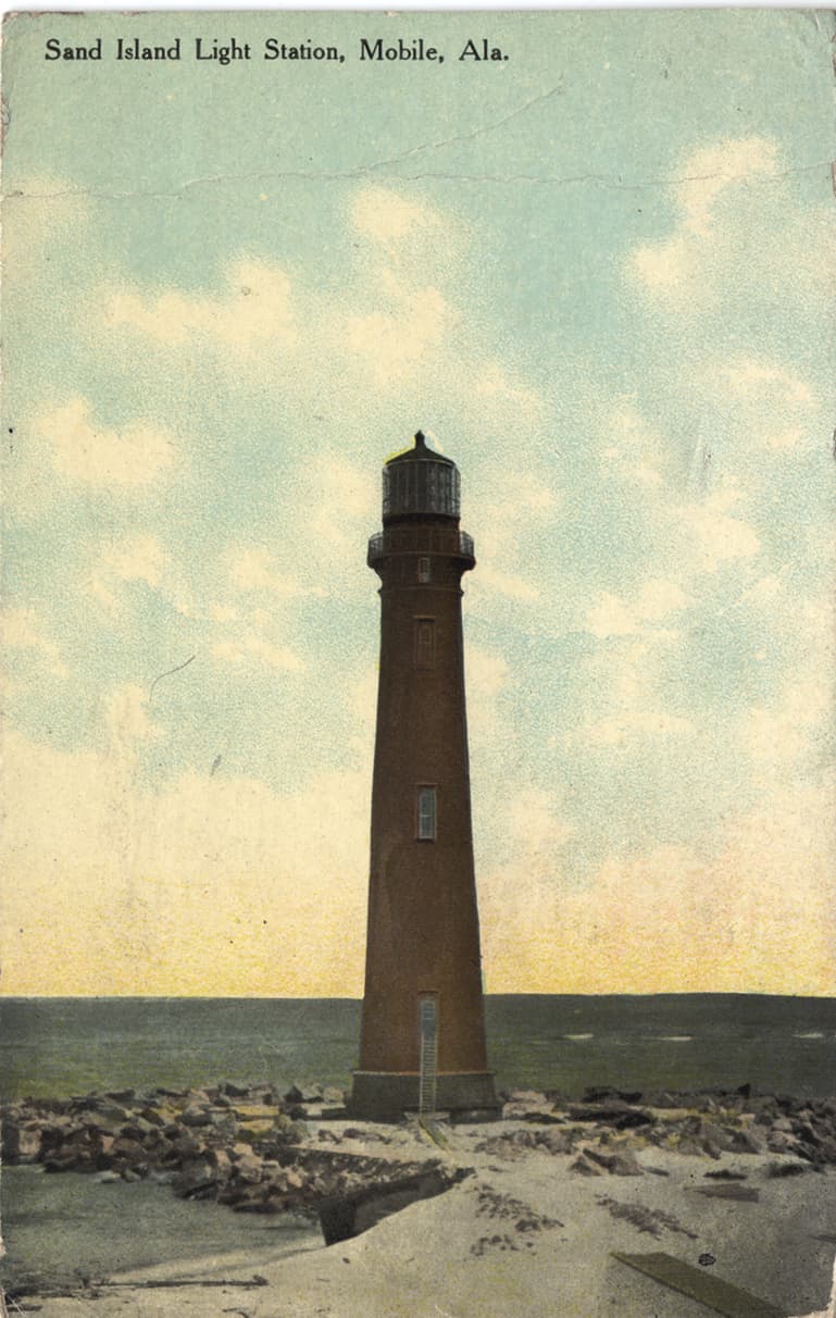 Color print the Sand Island Light Station in Mobile Bay. Postmarked June 12, 1911.