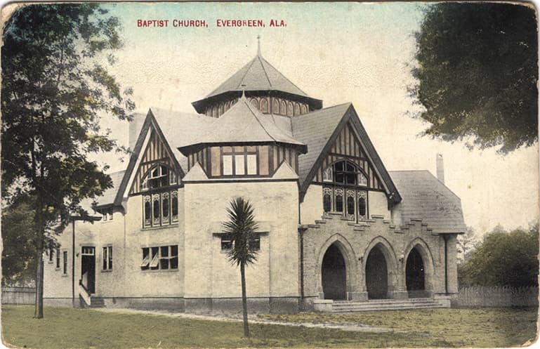 Color print of the Baptist Church in Evergreen, Alabama. Postmarked May 1, 1910.