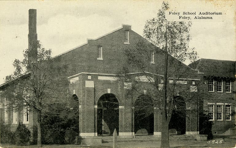 Black and white photograph of the Foley School Auditorium in Foley, Alabama.