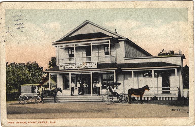 Mostly black and white photograph of the Brodbeck-Zundel Brothers General Merchandise store which also served as the post office for Point Clear, Alabama. Postmarked 1925.