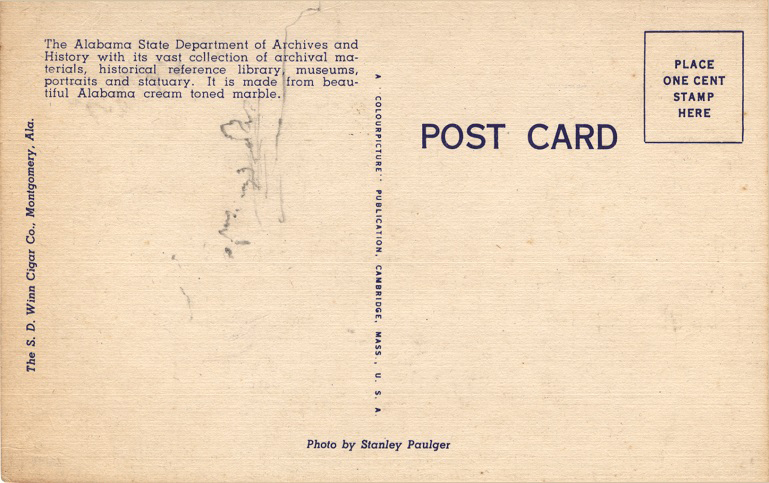 Postcard Back - Archives and History Building, Montgomery