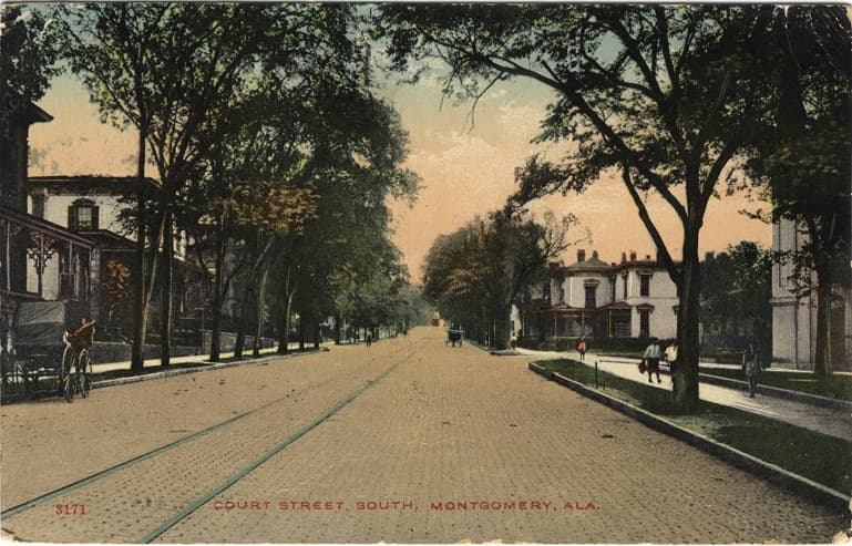 Color print of the residential section of Court Street in Montgomery, Alabama with streetcar rails. Postmarked March 10, 1913. 