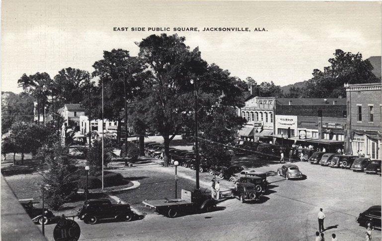 Black and white photograph of the Jacksonville, Alabama public square.