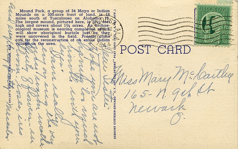 Postcard Back - Moundville Archeological Park, Tuscaloosa, AL