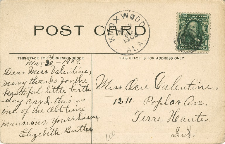 Postcard Back - Demopolois, Bluff Hall, Alabama