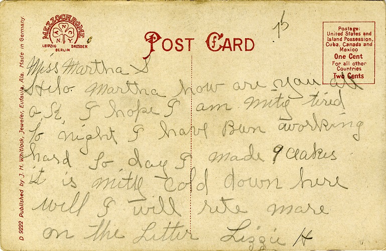 Postcard Back - Shorter Mansion, Eufaula